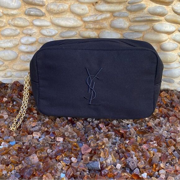 Yves Saint Laurent YSL Parfums Black Canvas Logo Wristlet/Pouch Gold Chain New - Picture 7 of 7